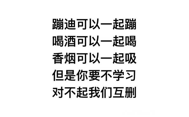 蹦迪可以一起蹦喝酒可以一起喝香烟可以一起吸 ，但是你要不学习，对不起我们互删