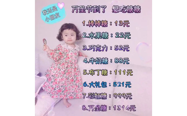 我还是万圣节到了想吃糖糖小朋友1棒棒糖:13元2水果糖:22元3巧克力:52元4牛奶糖:88元5布丁糖:111元6大礼包:521元7彩虹糖:qq元8.万圣糖:1314元 - 万圣节要糖果吃表情包