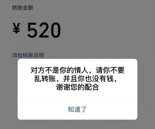 转账金额￥520添加转账说明对方不是你的情人，请你不要乱转账，并且你也没有钱，谢谢您的配合知道了