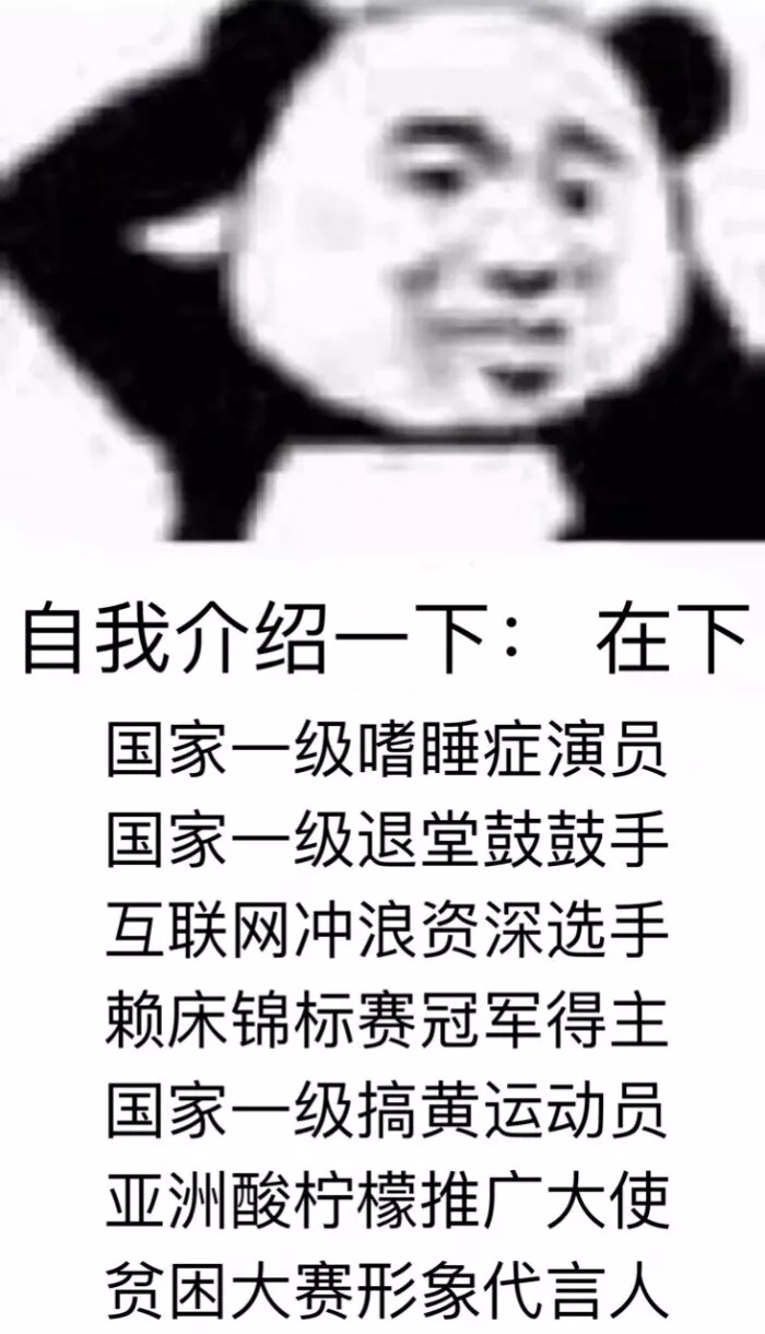 自我介绍一下:在下国家一级嗜睡症演员国家一级退堂鼓鼓手互联网冲浪资深选手赖床锦标赛冠军得主国家一级搞黄运动员亚洲酸柠檬推广大使贫困大赛形象代言人