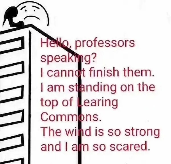 Hello ,professors speaking ?I cannot finish them am standing on the top of Learing Commons The wind is strong and am so scared - 论文表情包系列