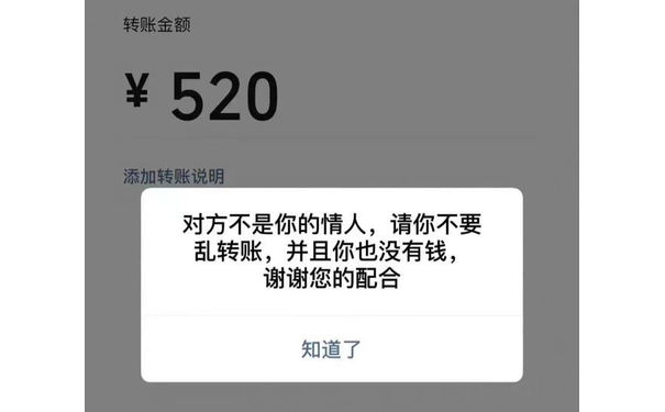 转账金额￥520添加转账说明对方不是你的情人，请你不要乱转账，并且你也没有钱，谢谢您的配合知道了