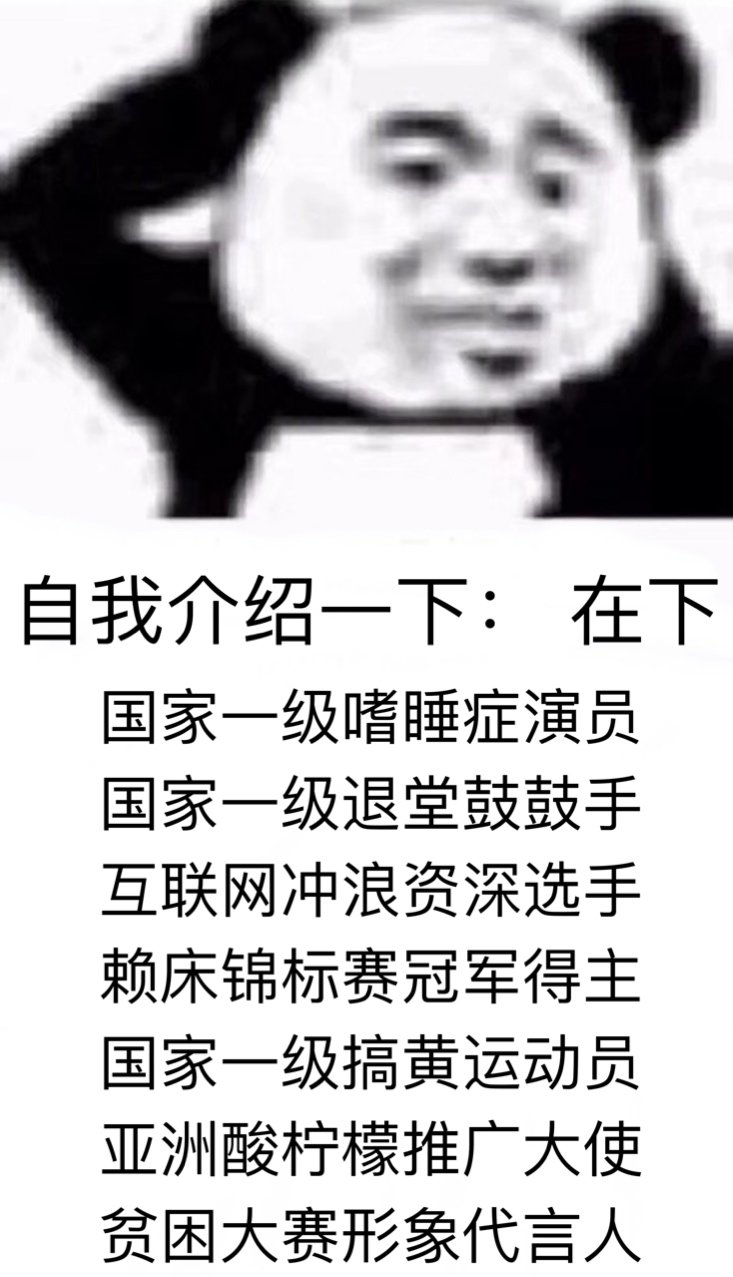 自我介绍一下:在下国家一级嗜睡症演员国家一级退堂鼓鼓手互联网冲浪资深选手赖床锦标赛冠军得主国家一级搞黄运动员亚洲酸柠檬推广大使贫困大赛形象代言人(熊猫头表情包)