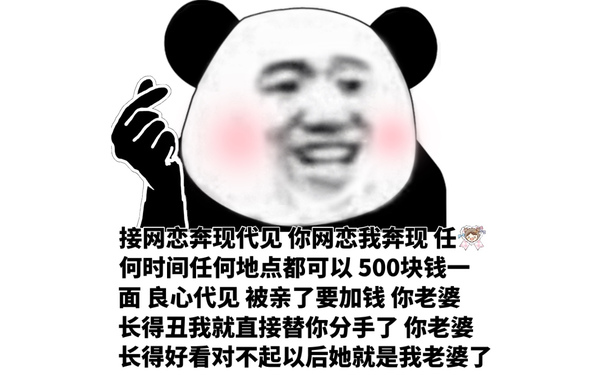 )合管接网恋奔现代见你网恋我奔现任何时间任何地点都可以500块钱面良心代见被亲了要加钱你老婆长得丑我就直接替你分手了你老婆长得好看对不起以后她就是我老婆了 - 熊猫头皮皮的表情包