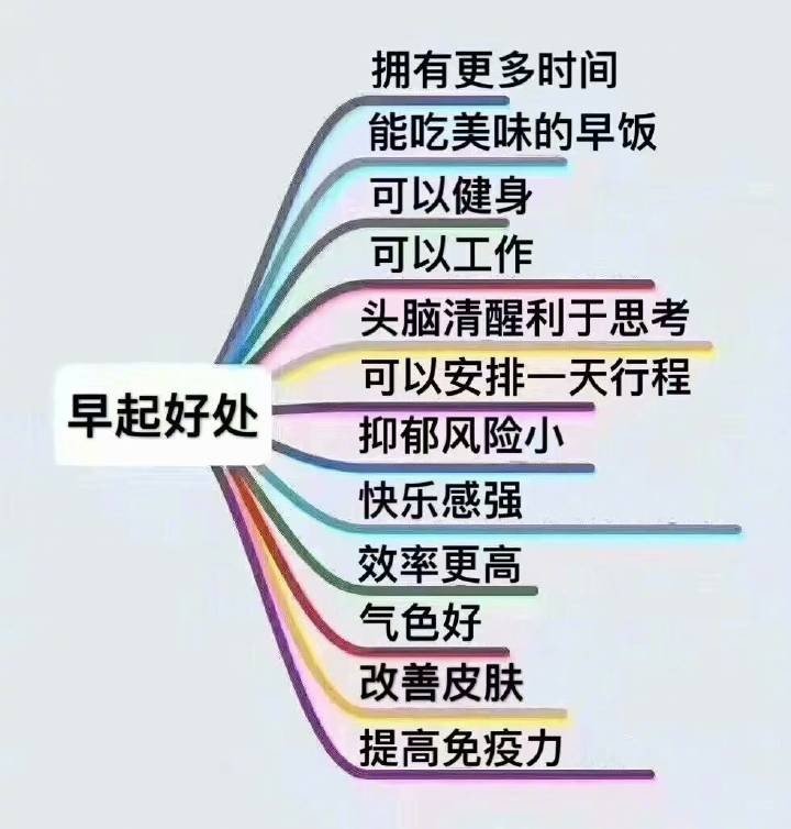 拥有更多时间能吃美味的早饭可以健身可以工作头脑清醒利于思考可以安排一天行程早起好处一抑郁风险小快乐感强效率更高气色好改善皮肤提高免疫力 - 早起好处多，所以我选择赖床