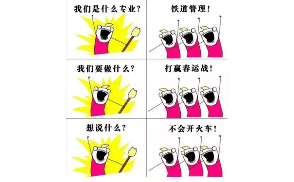 我们是什么专业?铁道管理!我们要做什么?打赢春运战!想说什么?不会开火车! - 大学各专业的表情包：我们是谁？