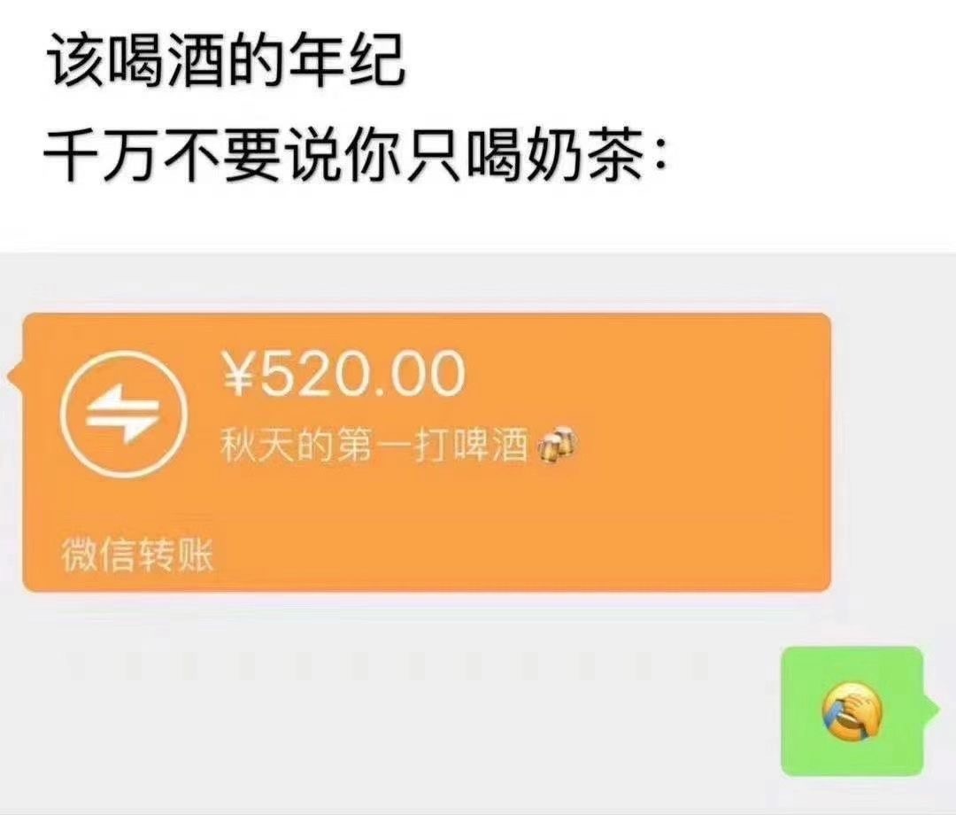 该喝酒的年纪千万不要说你只喝奶茶:￥520.00秋天的第一打啤酒微信转账(秋天奶茶表情包)