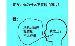 朋友:你为什么不喜欢拍照片?我:相机对着我我感觉我太丑了不太舒服