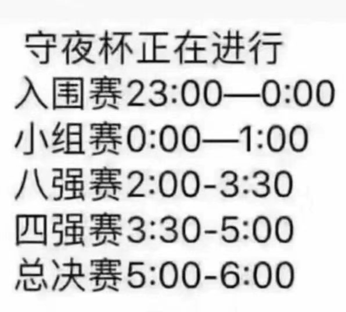 守夜杯正在进行入围赛23:00—0:00小组赛0:00—1:00强赛2:00-3:30四强赛3:30-5:00总决赛5:00-6:00