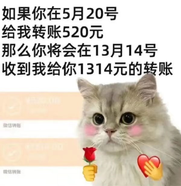 如果你在5月20号给我转账520元那么你将会在13月14号收到我给你1314元的转账微信转账微信转账