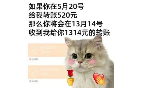 如果你在5月20号给我转账520元那么你将会在13月14号收到我给你1314元的转账微信转账微信转账