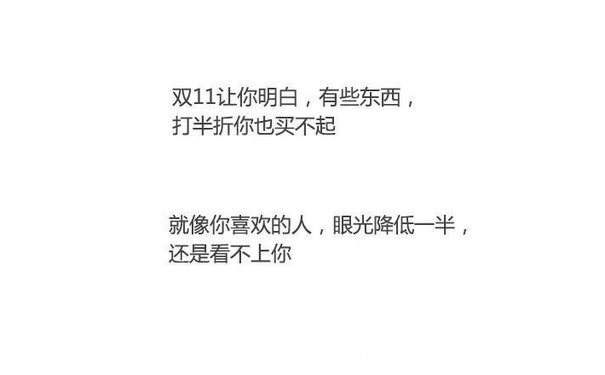 双11让你明白,有些东西,打半折你也买不起就像你喜欢的人,眼光降低一半,还是看不上你