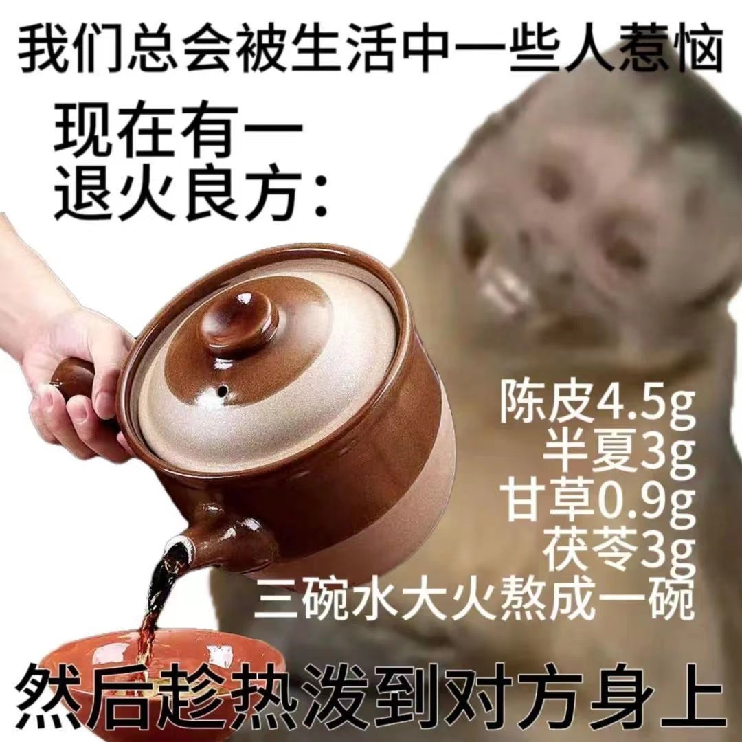 我们总会被生活中一些人惹恼现在有一退火良方：陈皮4.5g半夏3g甘草0.9g茯苓3g三碗水大火熬成一碗然后趁热泼到对方身上