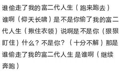 谁偷走了我的富二代人生(跑来跑去)谁啊(仰天长啸)是不是你偷了我的富二代人生(揪住衣领)说啊是不是你(狠狠盯住)什么?不是你?(十分不解)那是谁偷走了我的富二代人生是谁啊(继续奔跑(发疯文学表情包)