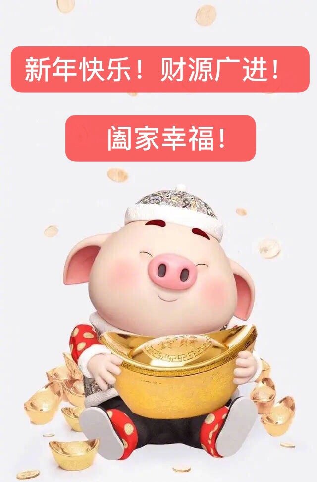 新年快乐!财源广进!阖家幸福(猪年拜年表情包)