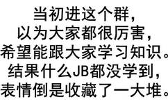 当初进这个群,以为大家都很厉害,希望能跟大家学习知识结果什么JB都没学到,表情倒是收藏了一大堆