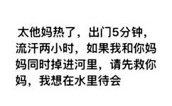 太他妈热了，出门5分钟，流汗两小时，如果我和你妈同时掉进河里，请先救你妈，我想在水里待会 - 热门文字表情走一波 ​